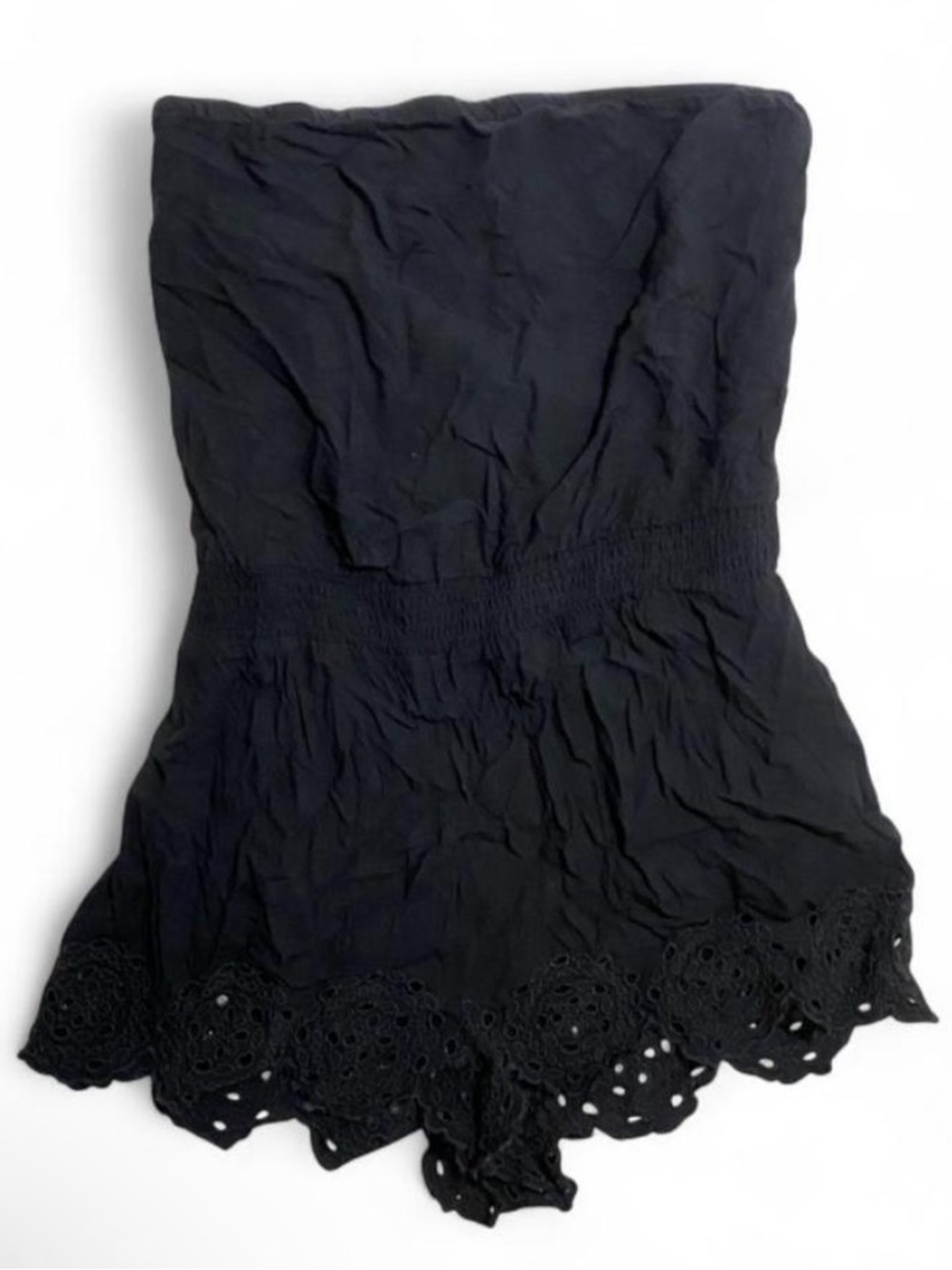 aerie Black Strapless Smocked Waist Boho Romper with Eyelet Hem Size Large